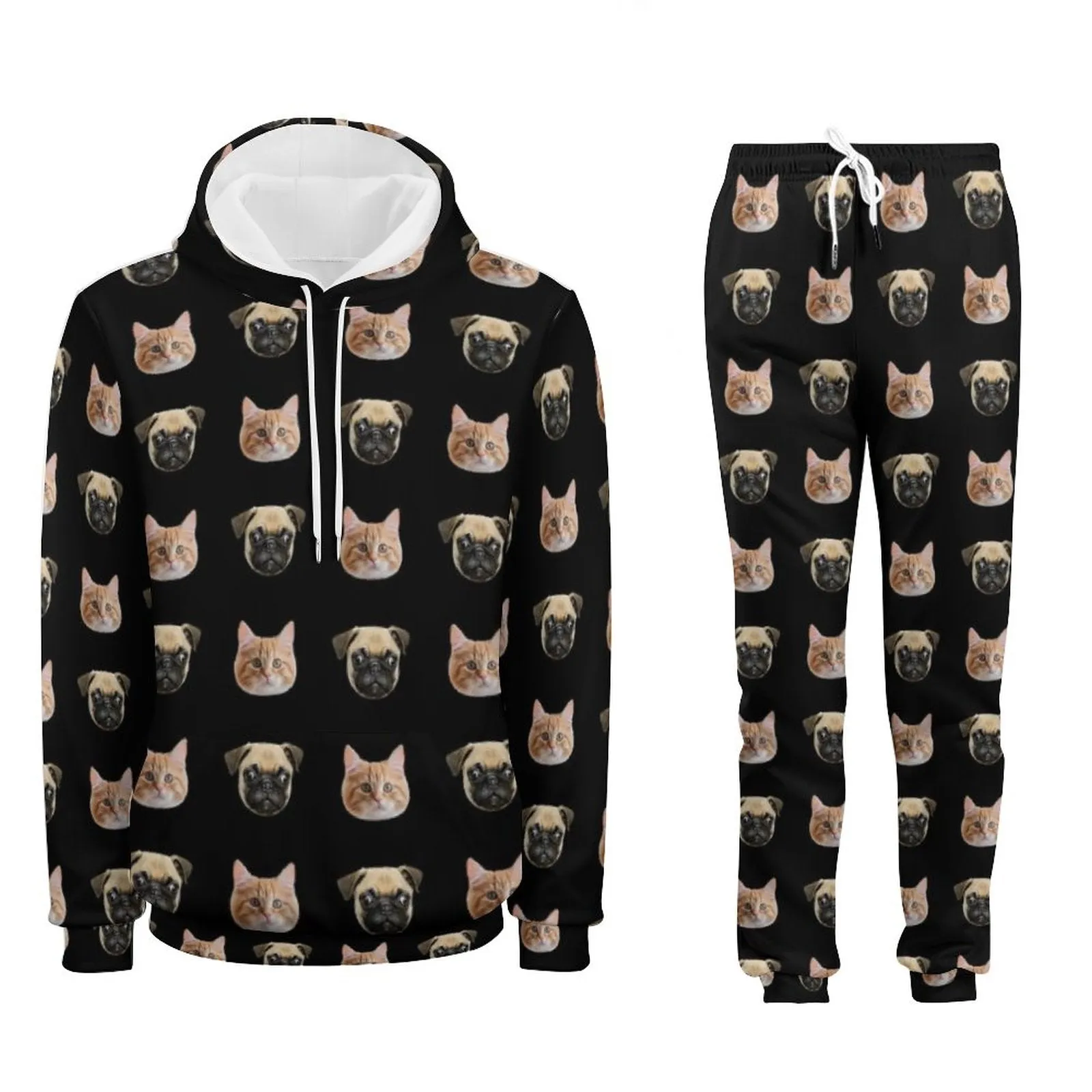 Personalized Unisex Hoodie&Sweatpant Set Custom Pet Faces Black Hoodie and Sweatpant