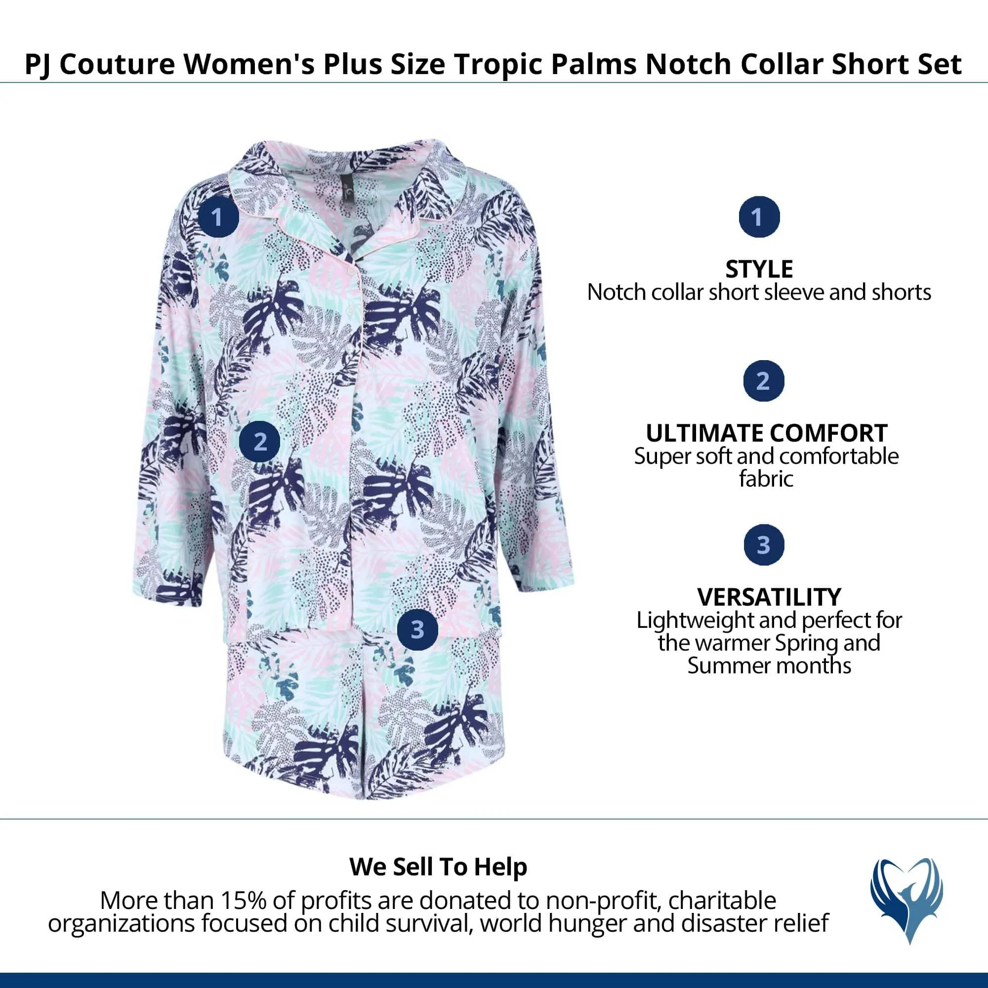 PJ Couture Women's Plus Size Tropic Palms Notch Collar Short Set