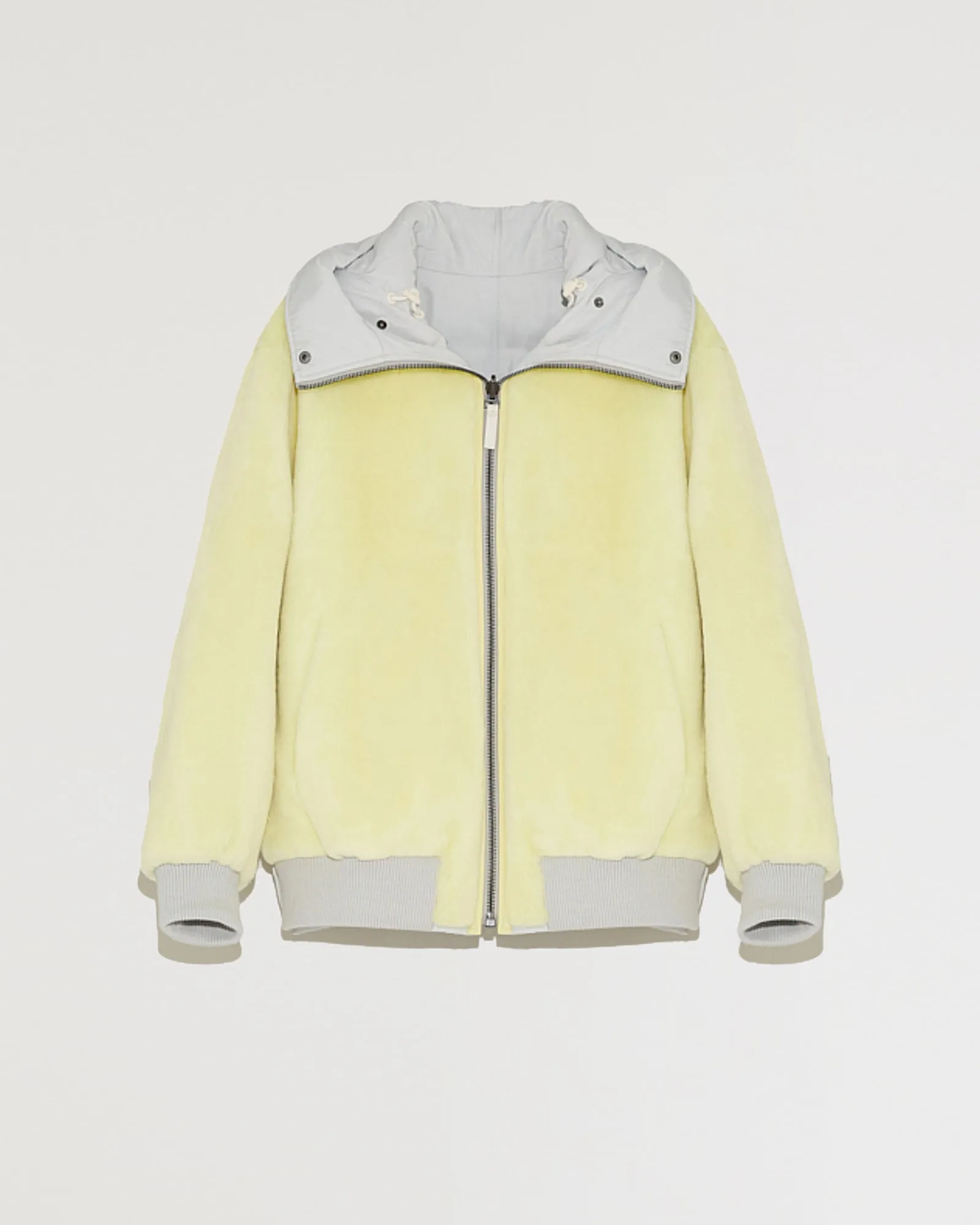 Reversible hooded bomber jacket in technical fabric and sherling