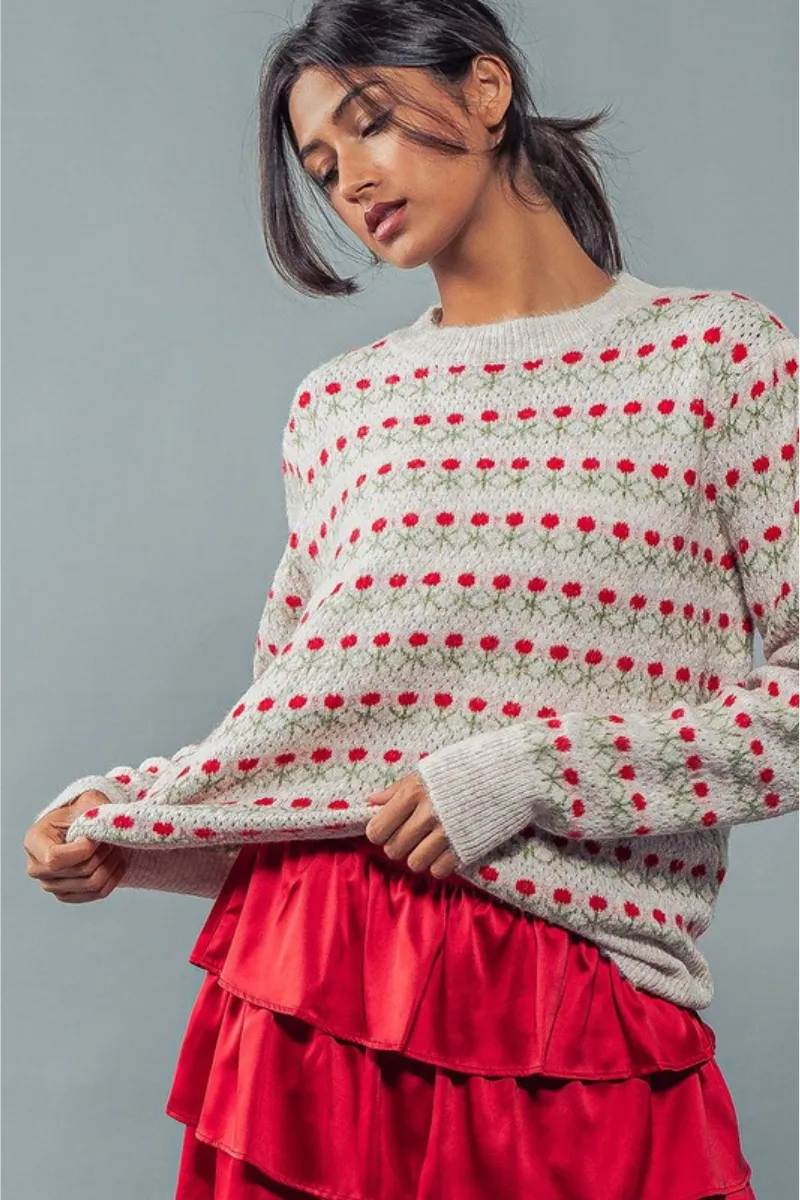 Rose Print Pullover Rib Knit Sweater