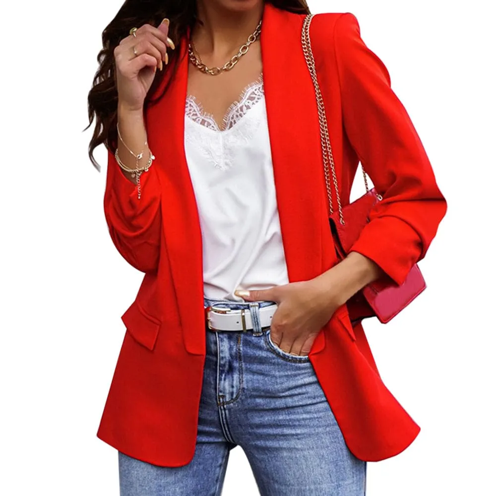 Shawl Collar Gathered Sleeve Flap Pocket Blazer