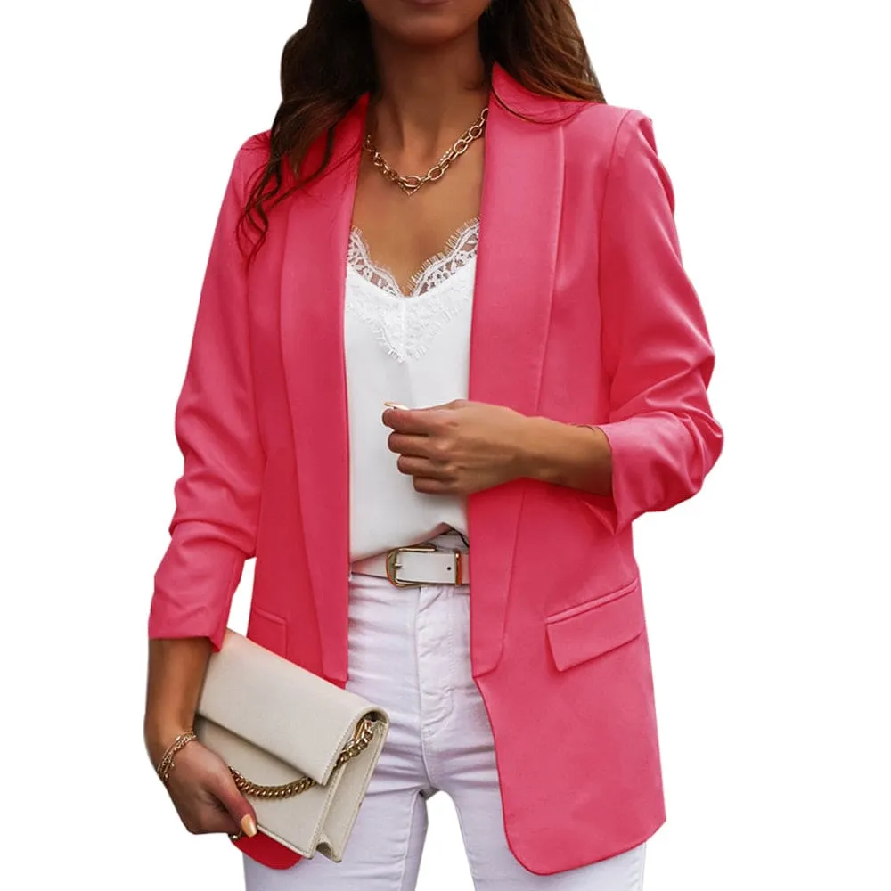 Shawl Collar Gathered Sleeve Flap Pocket Blazer