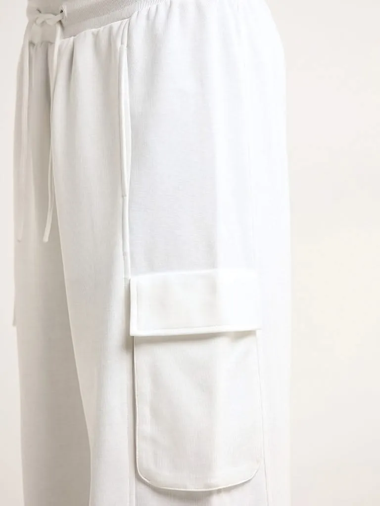 Studiofit White Mid Rise Cotton Blend Straight Fit Cargo Pants