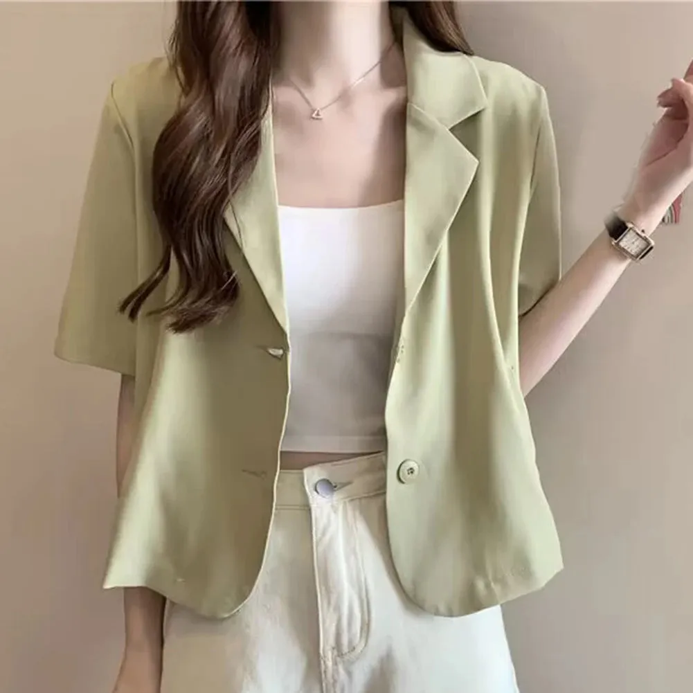 Summer Blazers Women Blazers Medium Elasticity Polyester Short Sleeves Single Breasted Solid Color Summer Hot New