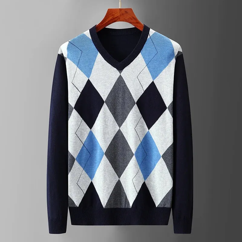 Trend4us Men's Classic V-Neck Argyle Knit Sweater