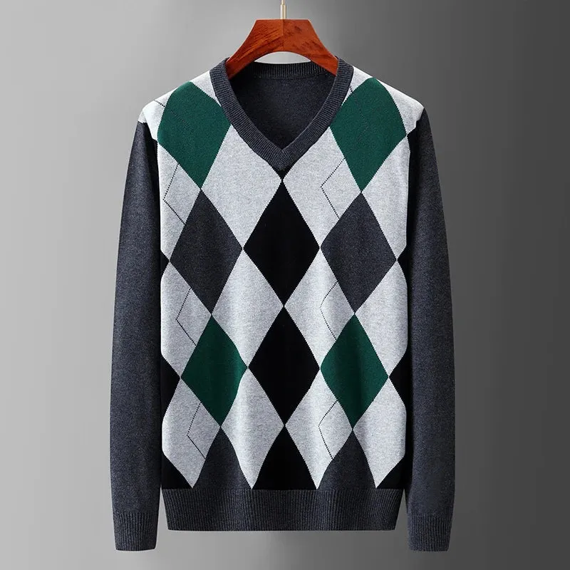 Trend4us Men's Classic V-Neck Argyle Knit Sweater