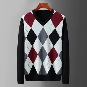 Trend4us Men's Classic V-Neck Argyle Knit Sweater