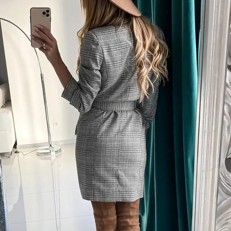 Vintage Double Breasted Belt Plaid Elegant Office Long Sleeve Mini Dress