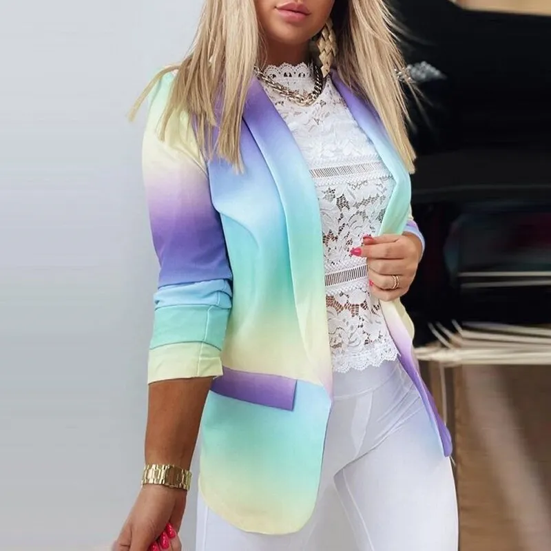 Wenkouban  2022 Autumn Colorful Printed Notched Collar Blazers Women Casual Long Sleeve Tops Elegant Office Lady Suit Coats