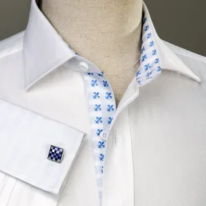 White Herringbone Formal Business Dress Shirt Blue Fleur-De-Lis Fashion