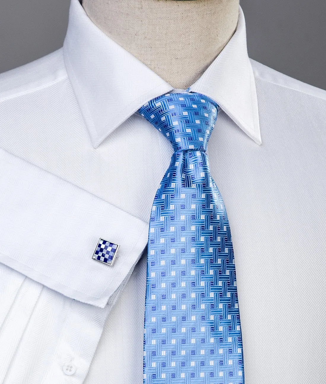 White Herringbone Formal Business Dress Shirt Blue Fleur-De-Lis Fashion