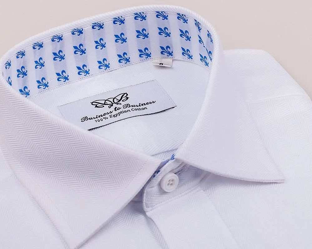 White Herringbone Formal Business Dress Shirt Blue Fleur-De-Lis Fashion