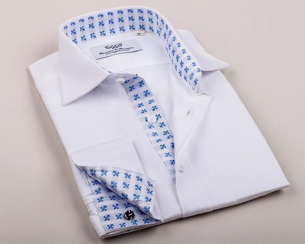 White Herringbone Formal Business Dress Shirt Blue Fleur-De-Lis Fashion