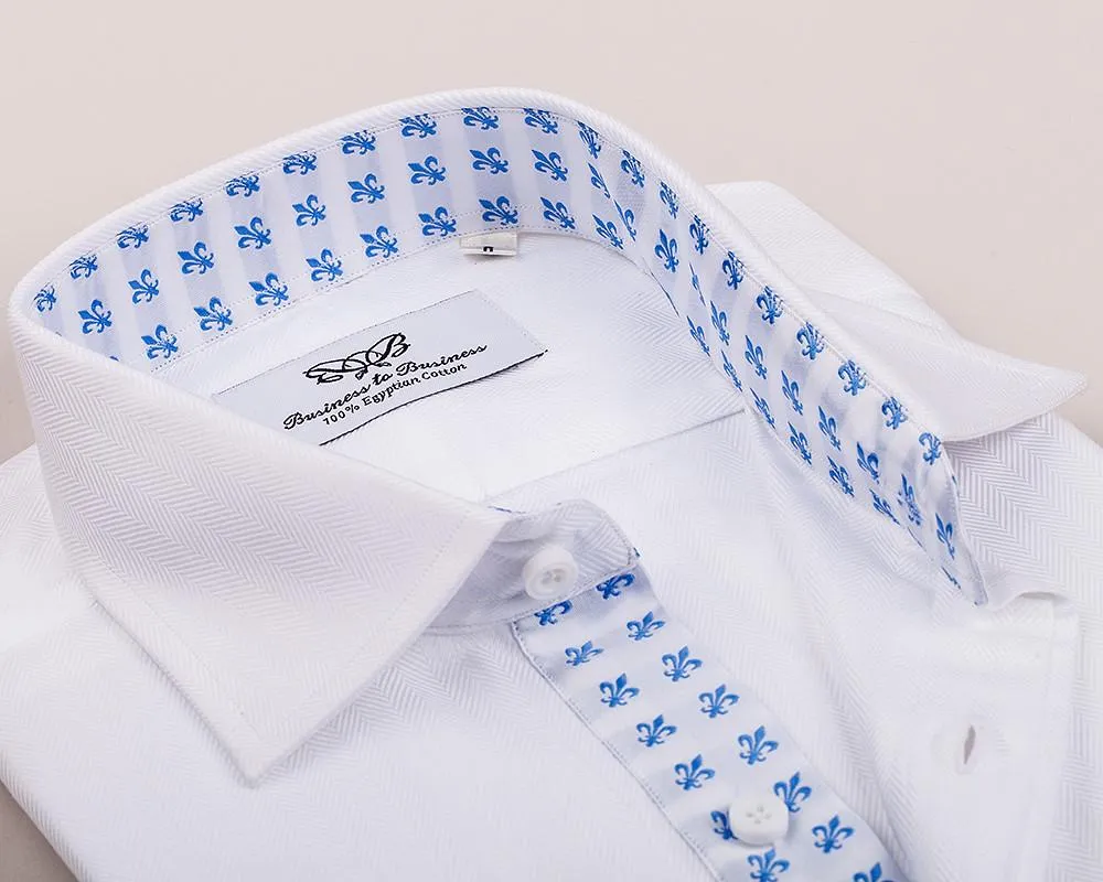 White Herringbone Formal Business Dress Shirt Blue Fleur-De-Lis Fashion