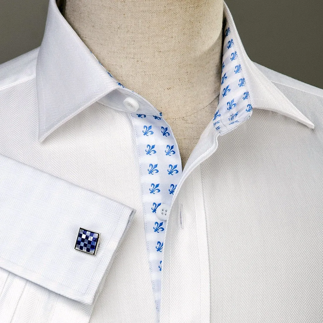 White Herringbone Formal Business Dress Shirt Blue Fleur-De-Lis Fashion