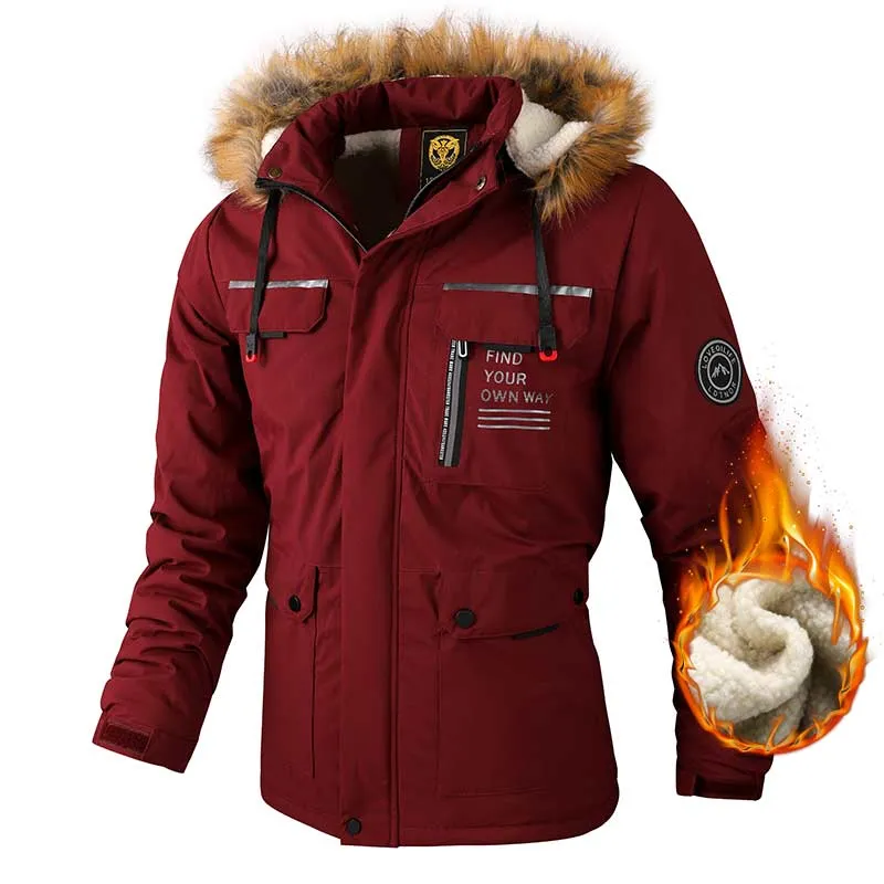 Winter Fleece Warm Thick Parkas Men Hooded Fur Collar Windproof Parka Jacket Coat